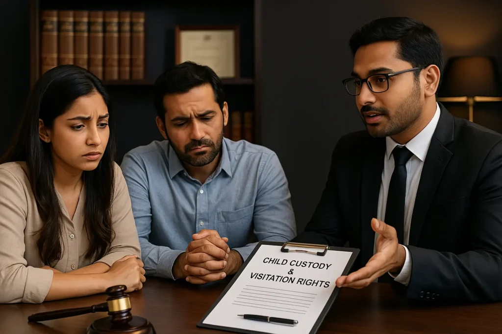  Divorce lawyer in Bangalore discussing child custody and visitation rights with a couple, offering legal support.